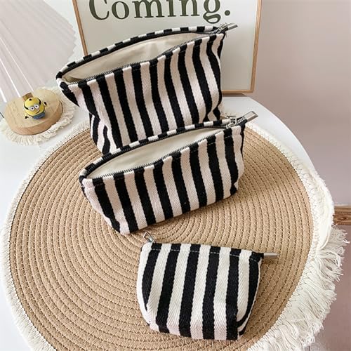 HAPPYHEIDI Small Black White Stripe Makeup Brush Bag Zipper Pouch Women Girls Purse Organizer,Canvas Lined, Premium Zipper - color: Classic Black White Stripes Medium