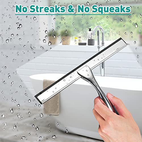 Shower Squeegee for Glass Doors,14-Inch Shower Glass Squeegee, Sliver Shower Squeegee for Shower Doors,Mirror,Windows, with Shower Door Hook and Adhesive Hook - color: Sliver, size: 14-Inch
