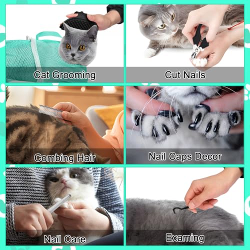 JULMELON Cat Bathing Bag Kit Adjustable Mesh Cat Washing Bag with Nail Clippers Nail File Brush Comb Tick Remover Tool Pet Grooming Bag for Cats and Small Dogs - color: Black+Green