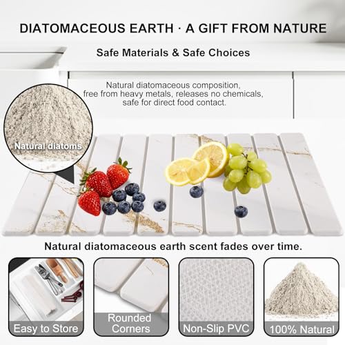 3 PCS Large Stone Dish Drying Mat for Kitchen Counter, Quick Dry Stone Dishes Mats, Sink Faucet Mat, Marble Water Absorbing Diatomaceous Earth Drying Pad for Countertop Tableware, Bottles - color: White Gold Marble