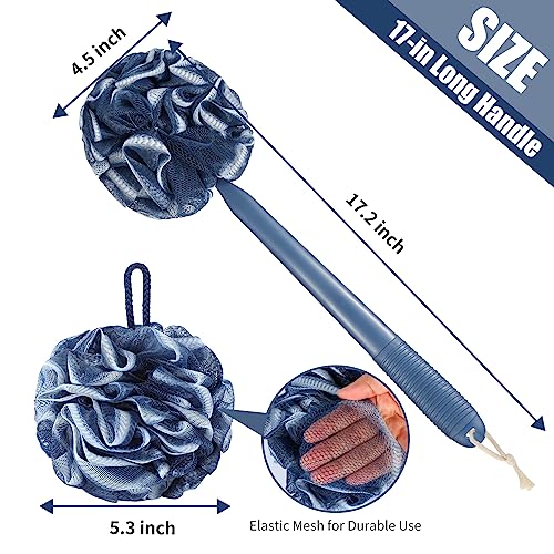 VANZAVANZU Loofah Sponge Set Loofah Exfoliating Body Scrubber, Anti-Slip Plastic 17" Handle Loofah on a Stick with Fluffy Shower Sponge, PE Soft Mesh Shower Loofahs-Blue with White Edge