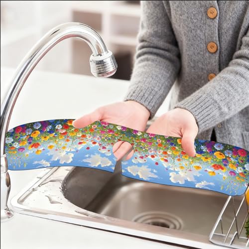 2 Pcs Kitchen Sink Splash Guard Faucet Mat Oil Painting of a Flower Bush Faucet Mat for Sinks Absorbing Drying Mats for Kitchen Bathroom, 23.6x5.5inch - color: Oil Painting of a Flower Bush