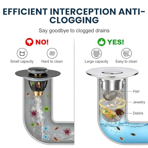 2PCS Pop Up Bathroom Sink Drain Strainer with Removable Stainless Steel Hair Catcher Basket