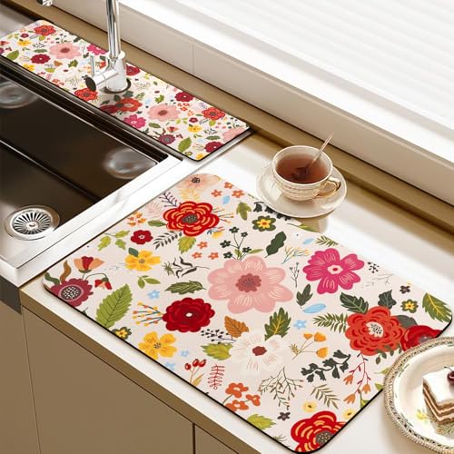 24.5" x 15.5" Dish Drying Mat & 24" x 5.5" Sink Splash Guard, Super Absorbent Drainer Rack Mat for Kitchen Counter Coffee Bar - color: Pink, size: 23.5"*15.5*+24"*5.5"