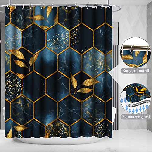 Poedist 4 Pcs Bathroom Shower Curtain Set,Bathroom Sets with Rugs(Bath Mat,U Shape and Toilet Lid Cover Mat) and 12 Hooks,Black and Blue Honeycomb Marble - color: Black Blue