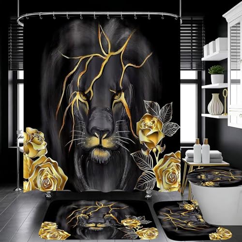 4 Piece Black and Gold Shower Curtain Set with Rugs, Majestic Lion & Golden Rose Art, Luxury Aesthetic Waterproof Fabric Bathroom Decor, Non-Slip Mats & Toilet Lid Cover - color: Gold Lion