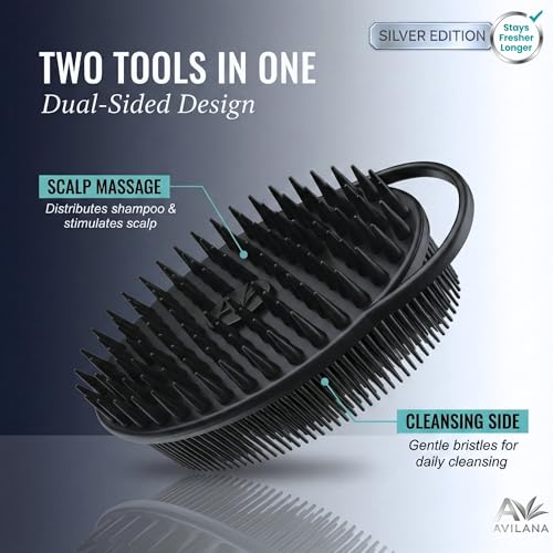 Avilana Silicone Body Scrubber for Shower – SGS Certified Food Grade Dual Sided Bath Brush, Gentle Exfoliating Silicone Loofah Alternative, Sensitive Skin Body Brush (Black-Silver, Scalp) - color: Black-silver, size: Scalp