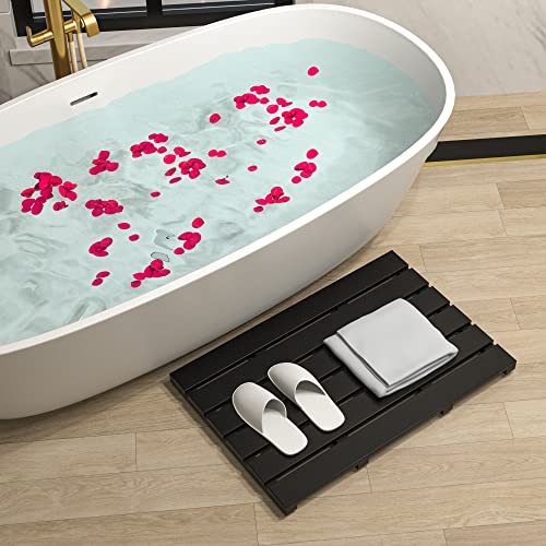 Bath Mat for Bathroom Luxury Shower - Non-Slip Bamboo Wooden Waterproof Floor Mat for Indoor or Outdoor Use(Black) - color: Black, size: 21.3" x 14.2" (Rectangular)
