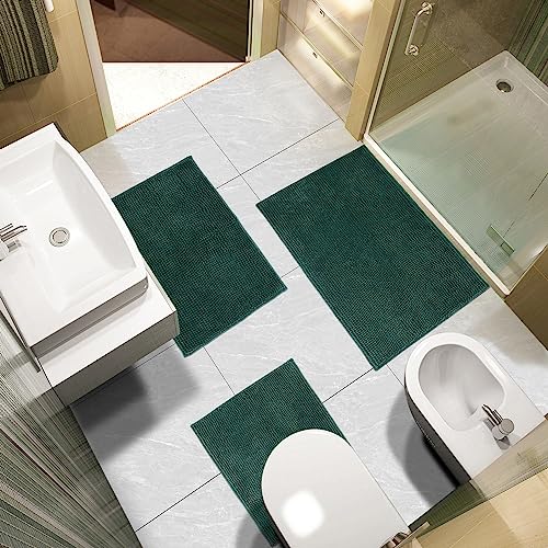 Urvoix Bathroom Rugs Sets 3 piece, Non-Slip Chenille Bath Rug - Ultra Soft, Washable, Super Absorbent Bath Mat for Bathroom, Toilet and Tub (Dark Green) - color: Dark Green