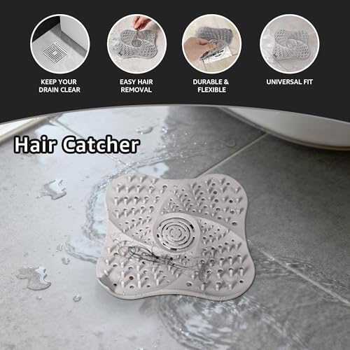 Silicone Hair Catchers Drain Screens 2-Pack, 5.31-inch Square Shower Drain Protectors Strainers with Suction Cup Suit for Showers, bathrooms, Sinks, Floor drains (Grey)