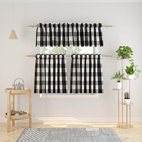 3 Pc Cotton Classic Country Farmhouse Kitchen Window Curtain -Black & White Buffalo Check Tier & Valance Set, 54" x 18" / 27" x 24" - color: Plaids Black&white, size: 27"W x 24"L (Pack of 3)