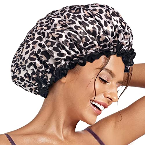 Aquior Shower Cap, Reusable Waterproof Leopard Print Hair Cap,Dual Layer Large Ruffle Edge for Long Hair, Ideal for Shower, Skincare, Cooking, Spa and Travel Use