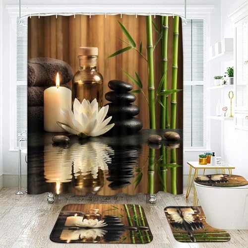 ArtSocket Stones Spa Bamboo Bathroom Set with Shower Curtain and Rug Accessories, Oil Wood Massage Candle Modern Water Bamboo Green Tropical Shower Curtain for Bathroom Decor 4 Pcs - color: Stones Spa Bamboo