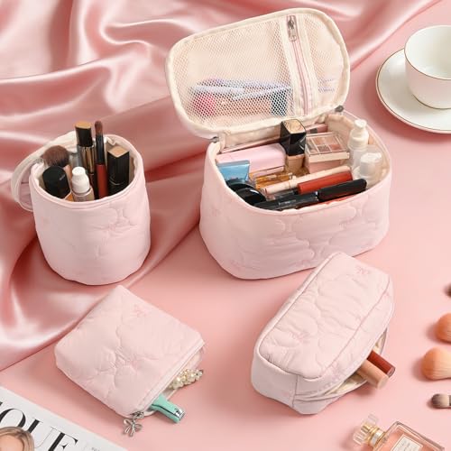 4Pcs Quilted Makeup Bag Set, Cute Bowknot Puffy Makeup Bag Toiletry Bag w/ Bow Zipper Travel Essentials Large Water-Resistant Travel Makeup Bag Versatile Cosmetic Organizer Pouch for Women Girls - color: Pink