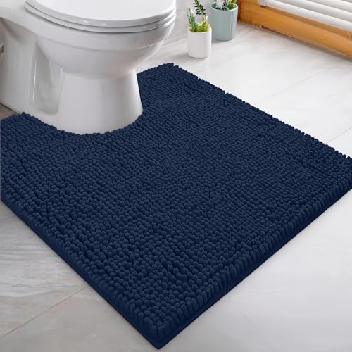 LuxUrux U-Shaped Toilet Bath Mat – Absorbent & Non-Slip Contoured Rug for Toilet Base, Plush Chenille, Machine Washable (20 x 20 inch, Navy) - color: Navy, size: 20'' X 20'' U