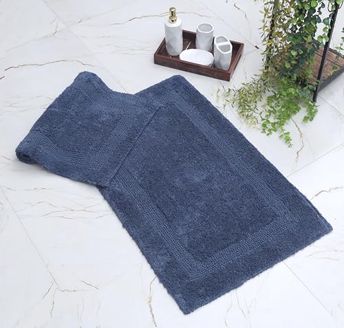 WOVEN ST. Reversible Tufted Bath Rugs | Area Rugs for Spa, Vanity Shower, Bathrooms, Kitchen, Bedroom | Water Absorbent Linens | 100% Cotton | Pack of 2 | 17’’ x 24’’ & 21’’ x 34’’ Inches | Navy Blue - color: Navy, size: 17" x 24" (Rectangular) + 21" x 34