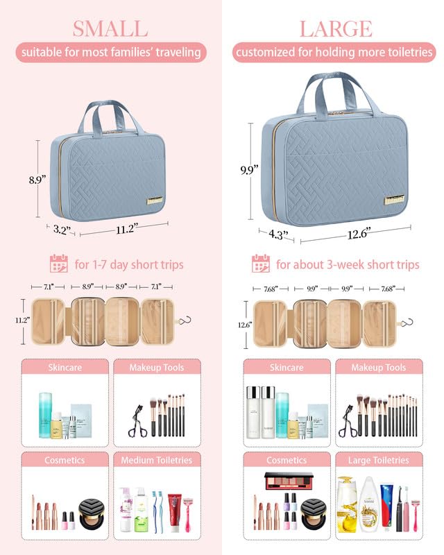 HOTOR Travel Toiletry Bag - Hanging Toiletry Bag for Women & Men, Makeup Bag/Big Comparment, Waterproof for Travel Accessories, Travel Essentials, Medium, Light Blue - color: Light Blue, size: Medium