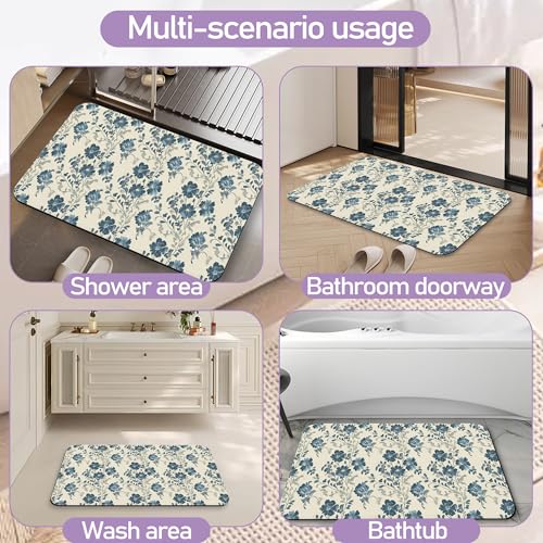Blue Beige Flowers Bathroom Mat, Non Slip Rubber Backed Fast Dry Bath Rug, Thin Bath Mat for Bathroom Kitchen 17"x30" - color: Blue Beige Flowers