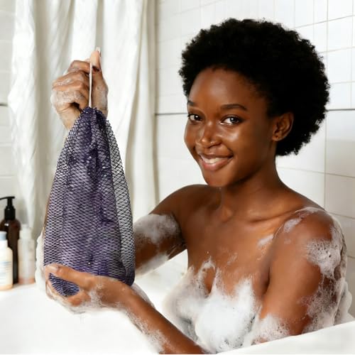 Bathway African Net Sponge Authentic with Handles (Set of 2), African Exfoliating Net Sponge, Exfoliating Body Scrubber Bath Sponge - Bathing Accessories with Storage Bag (Light Purple & Deep Purple) - color: Light Purple & Deep Purple