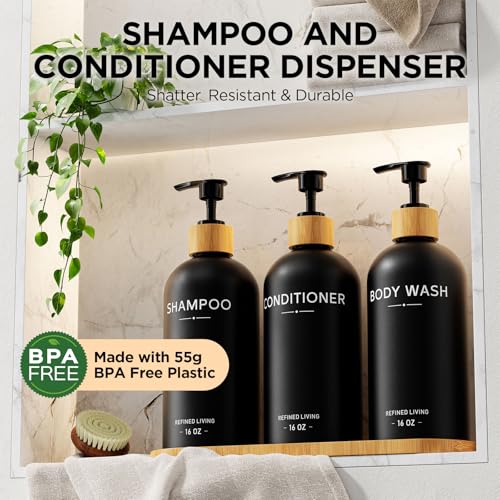 Shampoo and Conditioner Dispenser Set,Shower Soap Dispenser for Bathroom,Refillable Shampoo and Conditioner Bottles with Bamboo Pump and Tray,Soap Dispenser Bathroom for Shower (Black, 3-Pack) - color: Black