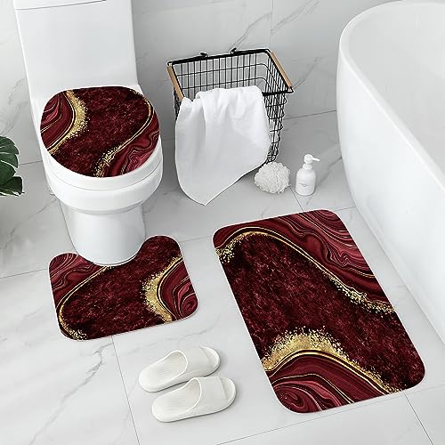 Gibelle 4 Pcs Luxury Marble Shower Curtain Set with Non-Slip Rugs, Toilet Lid Cover and Bath Mat, Gold Foil Red Bathroom Decor Set with Shower Curtain and Rugs and Accessories - color: Red