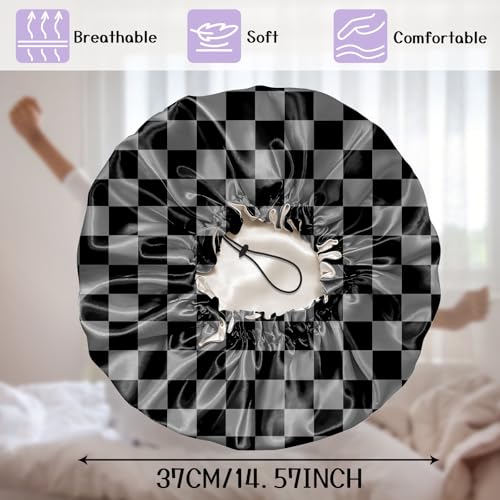 Luxury Shower Cap Silk Satin Lined Waterproof Reusable Adjustable Elastic Dry Hair Bathing Caps Cute for Women Girls-Black Grey Checkered - color: C-17-Black Grey Checkered