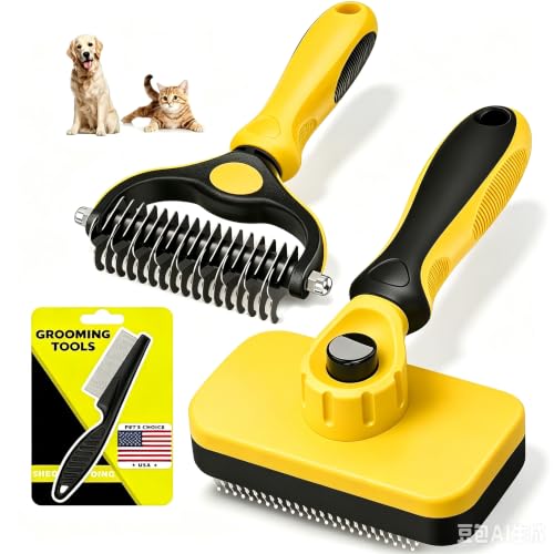 Professional 3PCS Self Cleaning Slicker Brush & Pet Grooming Rake & Flea Comb for Dogs,Cats and Horses (Yellow) - color: Yellow