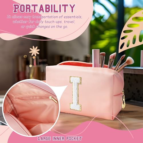 Personalized Initial Makeup Bag with Handle, Preppy Cosmetic Bag with Inner Zipper Pocket, 8 9 10 11 12 13 14 Years Old Girl, Graduation Gifts for Teen Girls Women Teachers (I, Pink) - color: Pink, style: I
