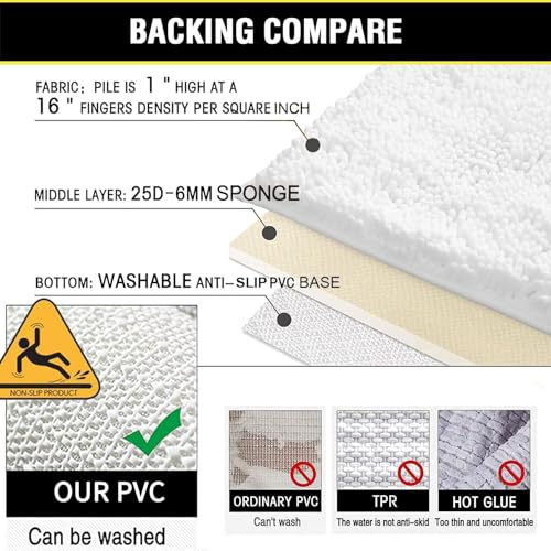 White Bathroom Rugs Chenille 3-Piece Extra Soft and Absorbent Shag White Bath Mat, Machine Wash Mat, Strong PVC Non-Slip Underside, Plush Carpet Mats - color: White, size: 2'8" x 1'8" (16x24"+20x32"+20x20"U shape）