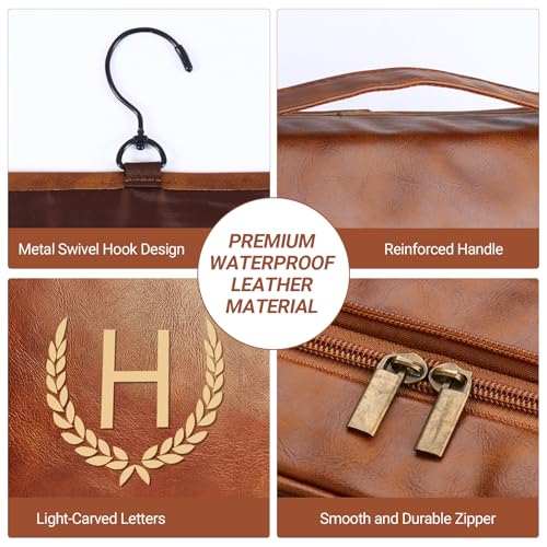 OXYEFEI Personalized Hanging Travel Toiletry Bag Gift for Men,Engraved Initial PU Leather Mens Large Toiletry Travel Essential Organizer Dopp Kit Shaving Bag for Him Birthday (B, Light Brown) - style: B