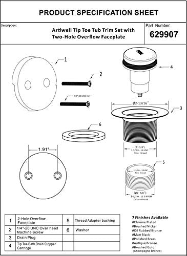 Artiwell Tip-Toe Bathtub Drains Trim Set with Two-Hole Overflow Faceplate, Replacement Bath Drain Trim Kit with 2-Hole Overflow Faceplate and Universal Fine/Coarse Thread (Brushed Gold) - color: Brushed Gold
