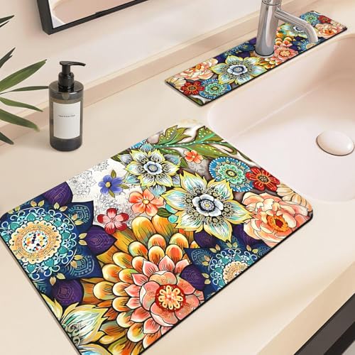 19.5" x 12" Dish Drying Mat & 24" x 5.5" Sink Splash Guard, Super Absorbent Drainer Rack Mat for Kitchen Counter Coffee Bar - color: Purple, size: 19.5"*12"+24"*5.5"