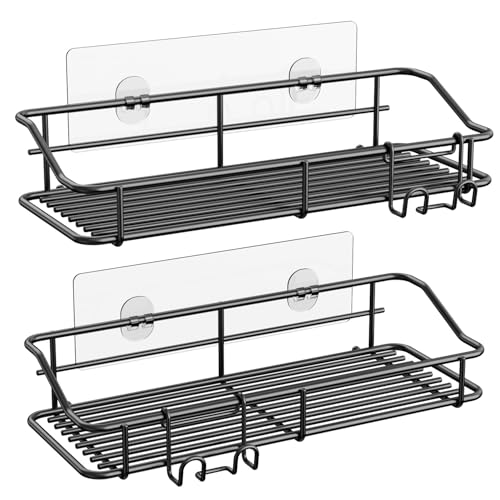 Nieifi Shower Caddy Shelf with Hooks Storage Rack Organizer Adhesive Stainless Steel Without Drilling for Bathroom, Lavatory, Washroom, Restroom, Shower, Toilet, Kitchen - 2 Pack (Black) - color: Black, size: 2 Pack