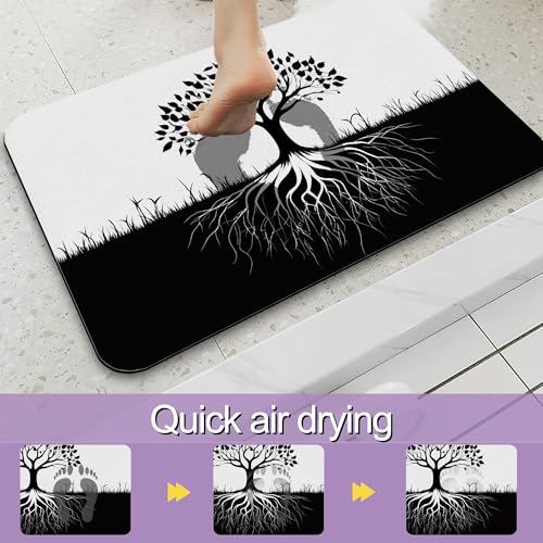Black White Tree Bathroom Rug, Rapid Dry Absorbent with Non-Slip Rubber Base Bath Mats for Bathroom 17"x30" - color: Black White Tree