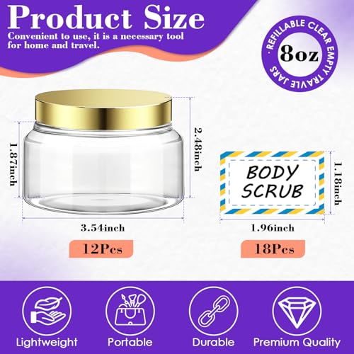 12 Pack 8 oz Plastic Cosmetic Containers With Lids Refillable Clear Empty Travle Jars Containers for Body Butter,Sugar Scrubs,Cream,Lotions,Candy, Waterproof Label&Spatulas - (Gold) - color: Clear-Glod Lid, size: 8oz-12 Packs