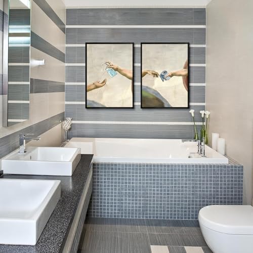 Laylwhq Bathroom Wall Art Retro Funny Hand Of God and Adam, 16 * 24in | 2 Pcs, Unframed, Humor Handwashing Fluid Toilet Paper Paintings - color: bathroom, size: 16"Wx24"Hx2