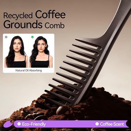 Wide Tooth Comb for Curly Hair with Coffee Ground,Anti-Static Shower Combs for Detangling and Curls Styling, Moisture Resistant Brush for Women, Reduces Breakage & Balances Scalp Oils for Wet/Dry Hair