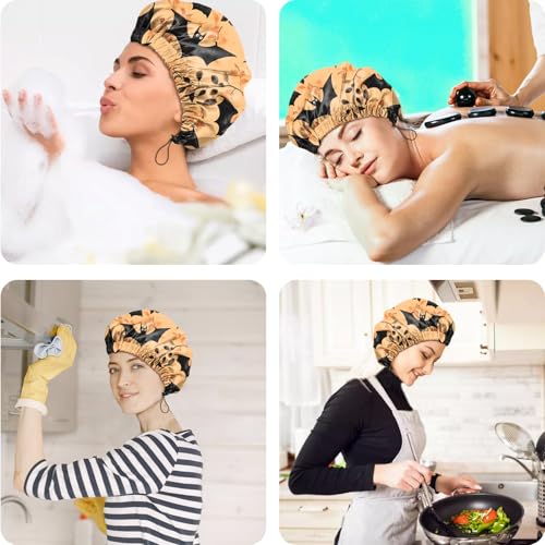 2 PCS Shower Cap Reusable Waterproof Double Layers Hair Caps Shower Bath Adjustable Elastic Hat for Women Girls Cute Aesthetic-Flower Bat - color: AI13-Flower Bat