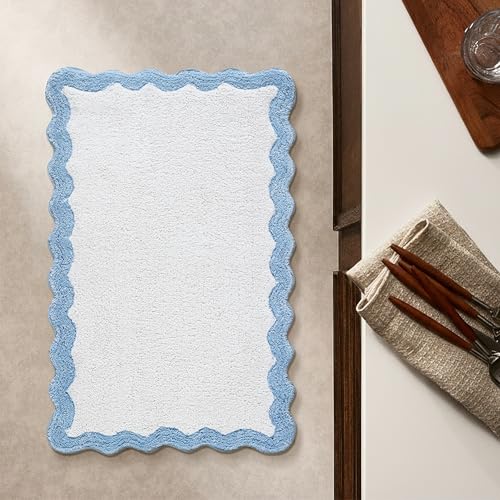 Cotton Scalloped Bathmat with Antiskid 20"x32" Blue – 100% Cotton Scalloped Bath Mat, Anti?Skid, Soft & Absorbent Bathroom Rug for Shower, Tub & Entryway - color: Blue, size: 1'8" x 2'8" (Rectangular)