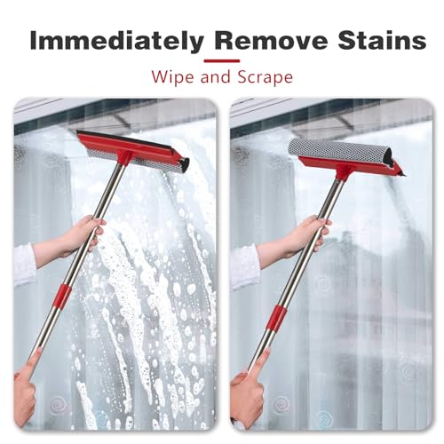2-in-1 Window Squeegee with 30"-59" Stainless Steel Adjustable Handle - Glass Cleaner for Shower Doors, Car Windshield & High Outdoor Windows (Red)