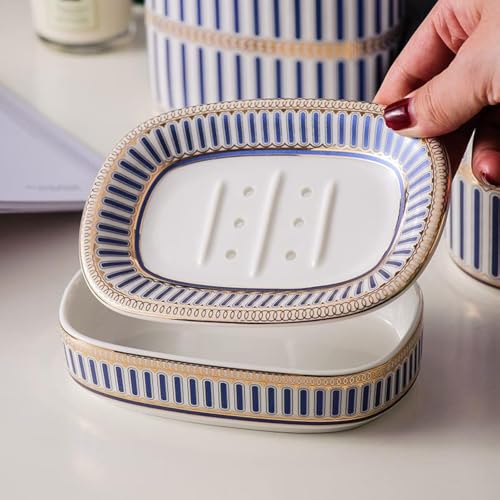 Self Draining Soap Dish, Double-Layer Bar Soap Tray, White Ceramic Soap Dish with Elegant Patterns (Style A) - color: Style a