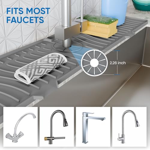 24 Inch Longer Faucet Mat for Kitchen Sink, Silicone Sink Faucet Mat Splash Guard 5° Slope Premium Kitchen Sink Splash Faucet Guard, Fast Self-Draining Mat (Grey)