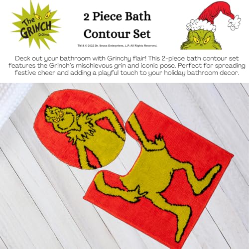 Collectibles Grinch by Dr. Seuss Holiday & Christmas Poly Knit 2 Piece Toilet Cover, Non Slip and U-Shaped Contour Toilet Mat, (Officially Licensed Product) By Franco - color: Grinch - Bath Contour Set