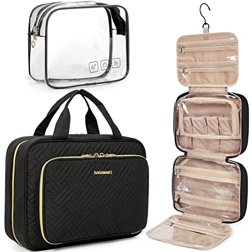 BAGSMART Toiletry Bag Hanging Travel Makeup Organizer with TSA Approved Transparent Cosmetic Bag Makeup Bag for Full Sized Toiletries, Medium-Black - color: Black, size: Medium