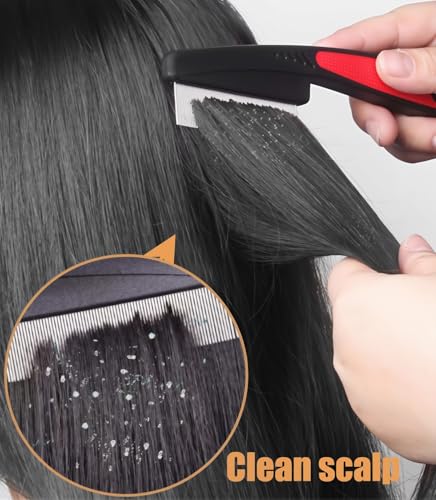 Dandruff Comb Removal 0.5mm Metal Fine Tooth Scalp Detox Hair Care Tool 1PC | Build Up Flakes Lice Comb, Stainless Steel Teeth, Self Cleaning, Scalp Massage, Anti Slip Handle, for Women Men Kids, Red - color: 1PC Red