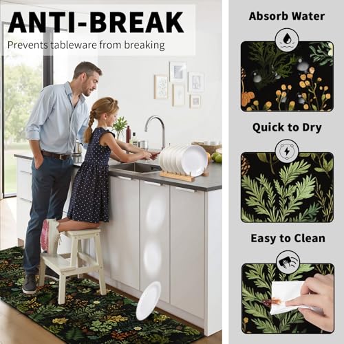 Black Green Botanical Kitchen Mats for Floor 2 PCS Natural Fern Plant Kitchen Rug Set 17"x47"+17"x30", Vintage Leaf Dark Non Slip Washable Runner Rug Set for Sink Laundry Hallway Decor - color: Black Green Botanical