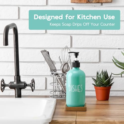 Turquoise Glass Dish Soap Dispenser with Acacia Wood Tray, 16 oz Refillable Kitchen Soap Pump Bottle, Decorative Teal Countertop Soap Dispenser Set for Kitchen, Bathroom, Restaurant - color: Turquoise-dish