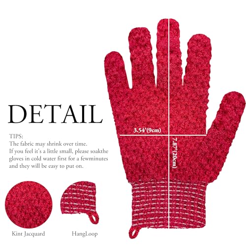 Exfoliating Bath Gloves 2 Pairs - Heavy Texture Body Scrub Gloves for Shower, Spa, Massage and Body Scrubs, Dead Skin Remover, Washing Gloves with Hanging Loop(Red) - color: Red