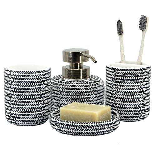 ZCCZ Black and White Bathroom Accessories Set, 4 Pieces - Toothbrush Holder, Soap Dispenser, Vanity Tray, Tumbler - Countertop Organizer for Bathroom Decor - Modern Accessory Set for Home and Office - color: Black and White