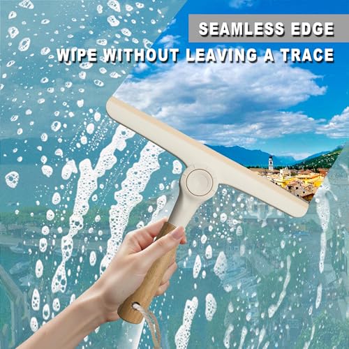 Show Squeegee for Glass Door Bathroom Squeegee with Bamboo Handle Show Wiper for Glass Door Window Tile Wall Car Windshield Mirror (Off White) - color: Off White